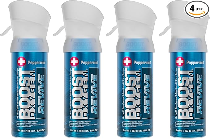 Boost Oxygen Pocket Size Revive Peppermint Aroma 3 Liter Canister | All-Natural Resiratory Support for Aerobic Recovery, Altitude, Performance and Health (4 Pack)