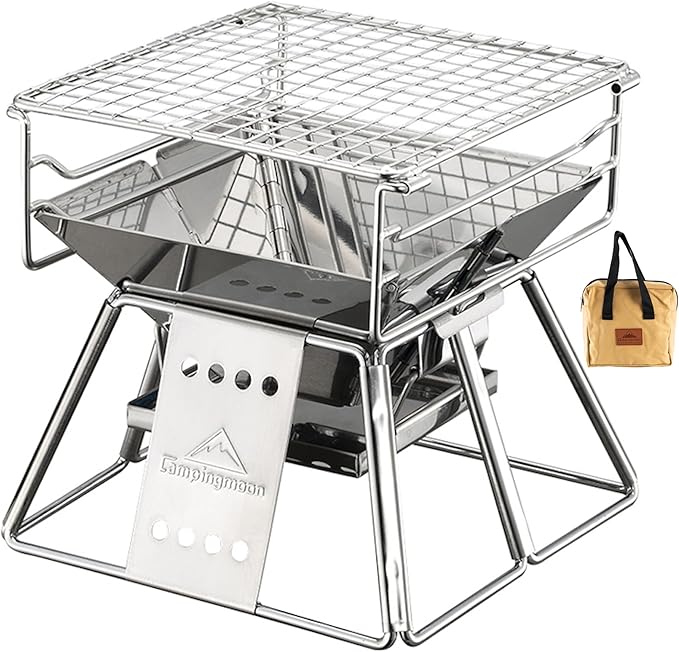 CAMPINGMOON X-MINI Small Size Portable Fire Pit, Mini Stainless Steel Tabletop Fire Pit Charcoal Grills for Camping, Solo Outdoor Cooking, Hiking BBQ Backpacking, with Carry Bag 7.5 inch