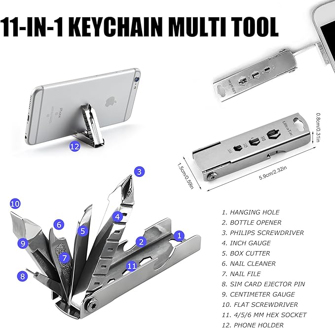 UltraTac Military Grade Multitool Gift Set for Men, Compact Survival Kit for Car Emergency, Birthday or Holiday Gift for Man, Pocket EDC Tools for Camping, Hiking & Quick Fixes - Stainless Steel