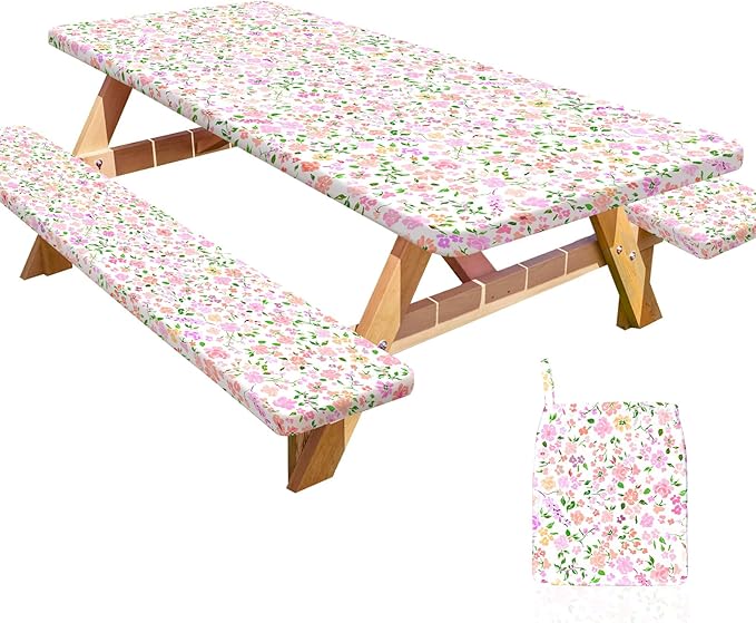 Picnic Table Cover with Bench Covers Portable Table Cloth Built-in Storage Pocket Fitted Tablecloth with Elastic Edges Waterproof Camping Essentials for Indoor Outdoor Rv,72in,Pink