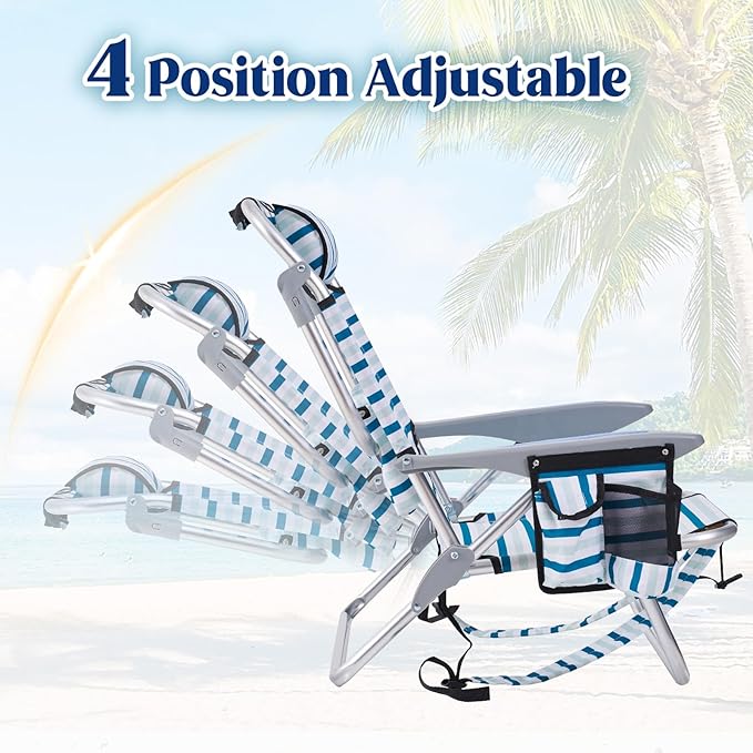 Portable Beach Chair for Adults, Outdoor Camping Chair Lay Flat Folding Backpack Beach Reclining Chair with 5 Positions, Headrest, Cup Holder, Heavy White Striped