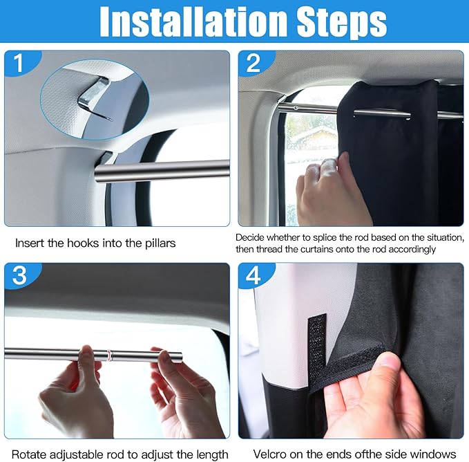 ZATOOTO Car Window Shades with Rods Set of 3, Car Shades for Back Windows Baby & Privacy Blackout Car Divider Curtain Opaque Suede Totally Blackout Length Adjustable for Most Car SUV Truck Van MPV