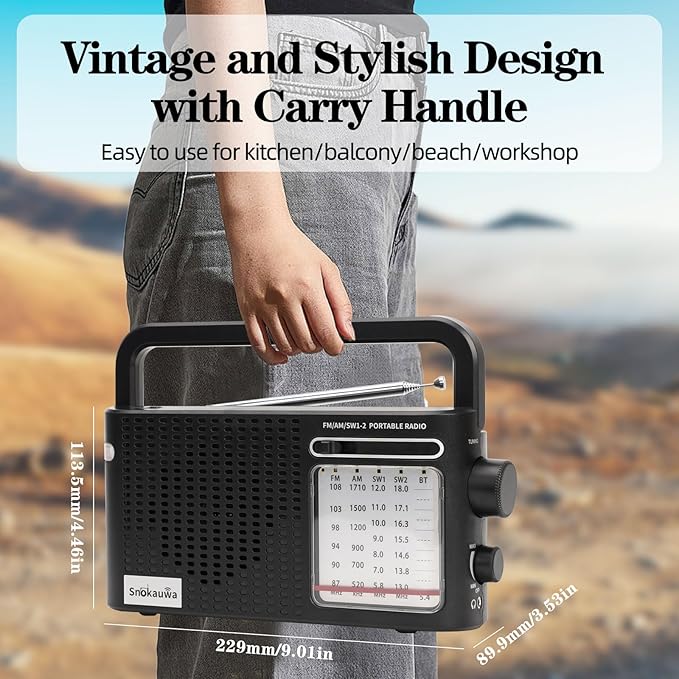 Portable Weather Radio AM FM SW, Wall Plug and Battery Powered, Transistor Radio with Bluetooth, Big Speaker, Large Dial, High/Low Tone Mode, Earphone Jack, Flashlight for Home and Outdoor