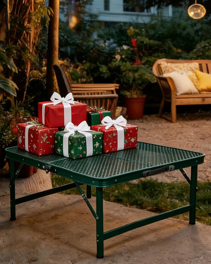 Square Folding Card Table with Adjustable Height (12" & 26"), Green Portable Metal Mesh Table for Camping, BBQ, Picnic, Game, Patio & Indoor Use, Fits 2–4 People, Lightweight 7.6 lb, Supports 66 lb