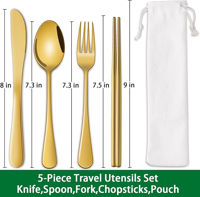 DEHOV Gold Travel Utensils Set With Pouch,Outdoor Camping Silverware Set For Picnic Gadgets,Set Of 5 Portable Cutlery Spoon And Fork Set With Case For Dining