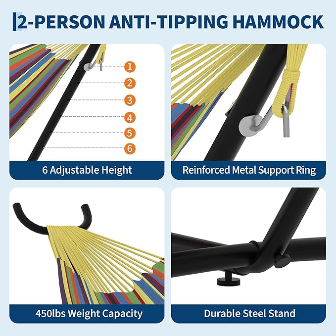 Garvee 2 Person Hammocks with Stand for Outside, Double Hammocks Portable Space Saving Heavy-Duty Steel Stand for Indoor Outdoor Patio with Carrying Bag, 450 lbs Capacity