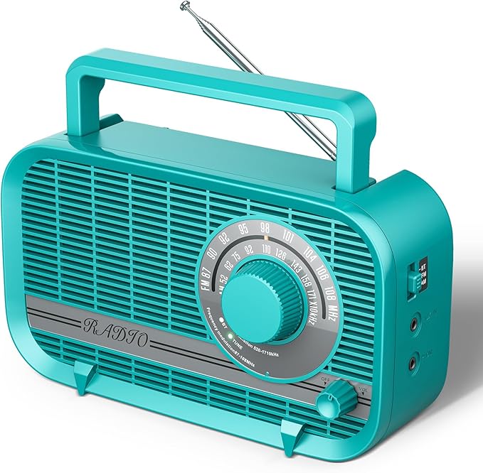 Portable AM FM Radio with Bluetooth, Plug in Wall and Play, or AA Battery Operated Radios, Best Reception Vintage Retro Radio Built in Clear Speaker Headphone/AUX in Jack Turquoise