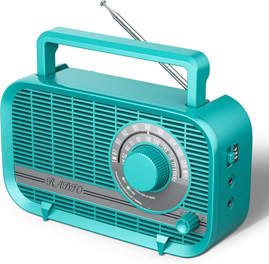 Portable AM FM Radio with Bluetooth, Plug in Wall and Play, or AA Battery Operated Radios, Best Reception Vintage Retro Radio Built in Clear Speaker Headphone/AUX in Jack Turquoise