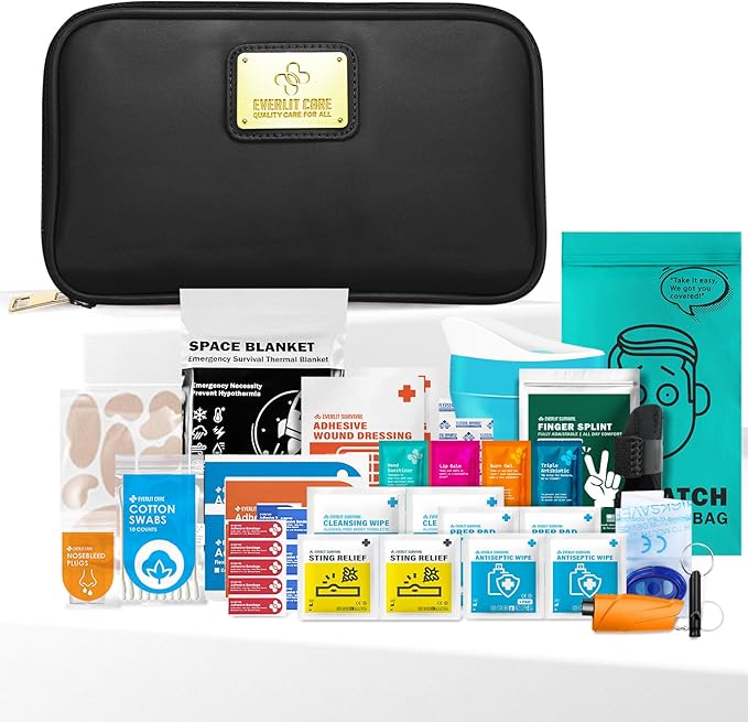 EVERLIT CARE Car First Aid Kit with Emergency Supplies Survival Gear Including Window Breaker Disposable Urine Bag Mountable Survival Kit for Family Travel in Car (Black)