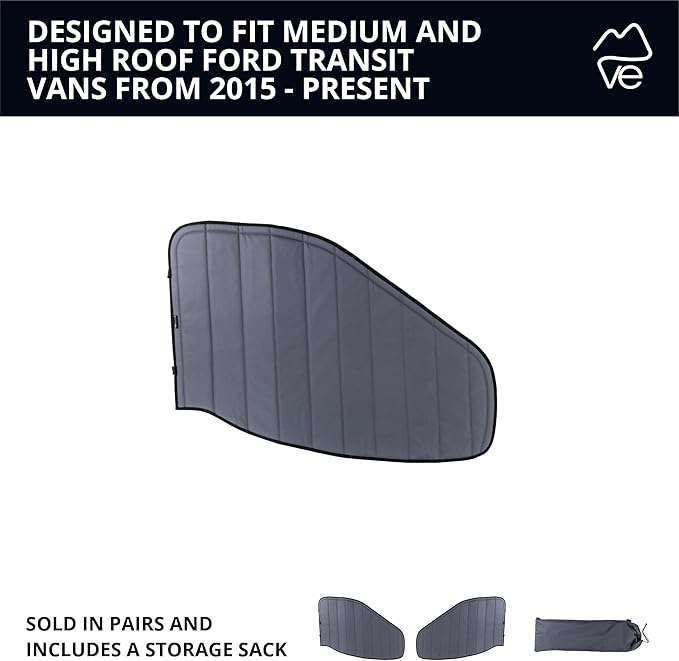 VanEssential Insulated Stealth Blackout Front Door Window Covers Designed for Ford Transit Van High and Medium Roof Year 2015 to Current (Pair) - Charcoal Gray
