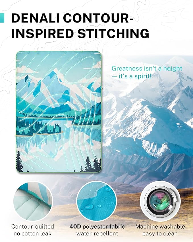 Gonex Camping Blanket with Aero-Warmth Breathable Layer - Puffy Printed Packable Blanket, Ultralight Wearable Water-Resistant Quilt, 79" X 55" for Camping, Beach, Hiking, Travel, Picnics (Iceberg)