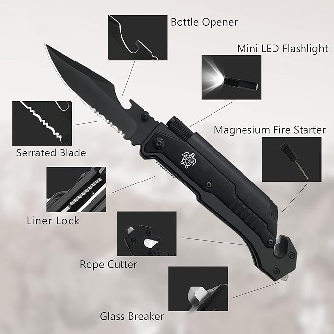8.5" Military Outdoor EDC Camping Pocket Knife, 7 in 1 Multi-Function Folding Knives with Fire Starter LED Light Seatbelt Cutter Glass Breaker Bottle Opener Tactical Blade (Black)