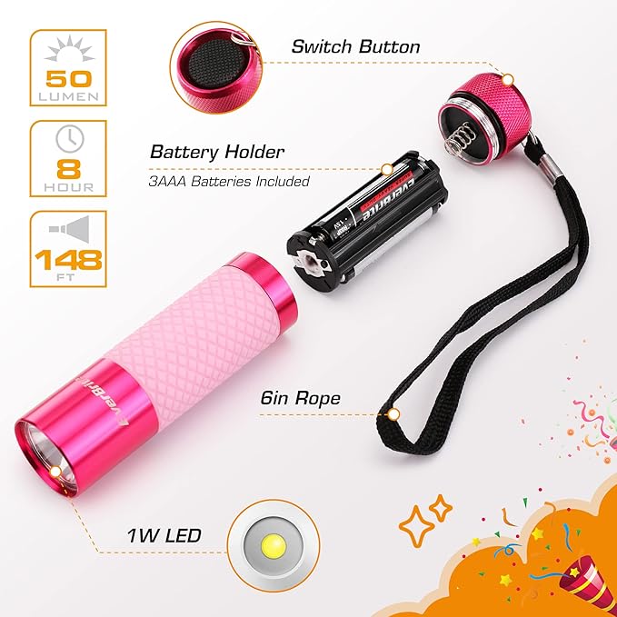 EverBrite 3-Pack Mini Flashlights, Glow in Dark Flashlights, Aluminum LED Flashlights Outdoor Favors Assorted Colors for Camping, Hiking, Indoor, 9XAAA Batteries Included