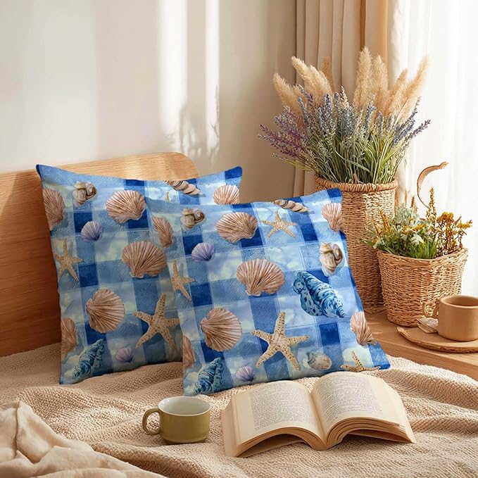 Coastal Throw Pillow Covers 18x18 Set of 2 | Blue Ocean Shell Starfish Cushion Covers | Beach Gingham Decorative Pillow Cases for Couch Sofa Living Room Bedroom
