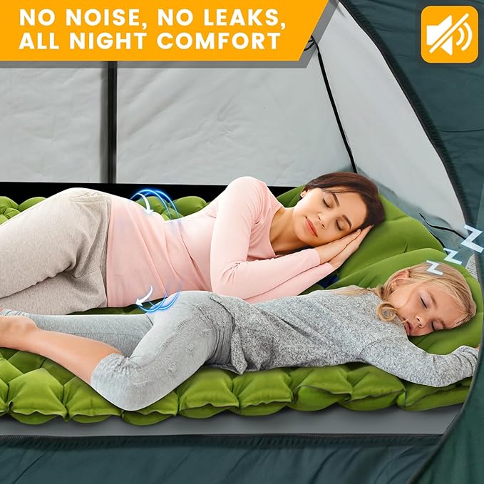 Double Sleeping Pad - Ultralight 4" Camp Mat with Integrated Foot Pump & Pillow for Effortless Camping, Backpacking & Travel, Comfort Camping Essentials