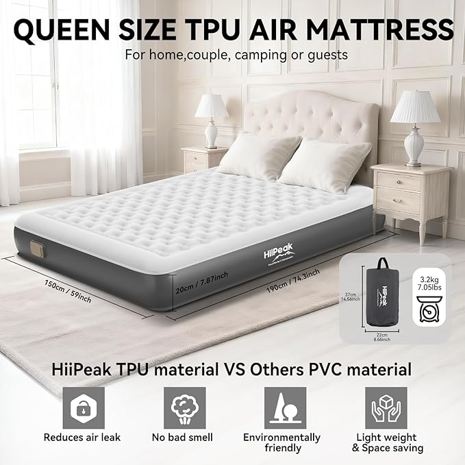 HiiPeak Queen Air Mattress Bed with Removable Multi-function Air Pump, Self Inflatable TPU ECO Blow Up Bed, All Night Stability No Lost Air, No Peculiar Smell for Camping, Home, Guests Portable Travel