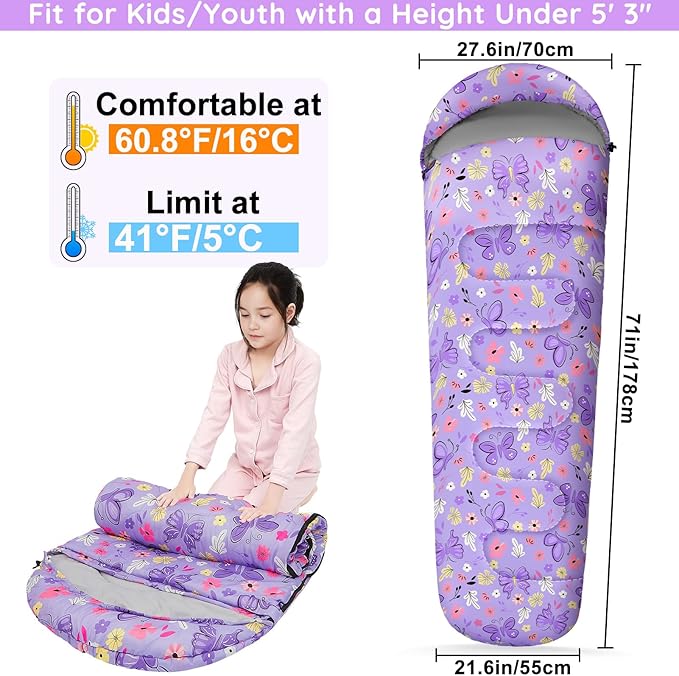FIOBEE Kids Sleeping Bag for Girls Boys 3 Season Warm & Cool Weather Youth Camping Sleeping Bags with Backpacking Bag Waterproof for Traveling Hiking Indoor Outdoor Camping Essentials