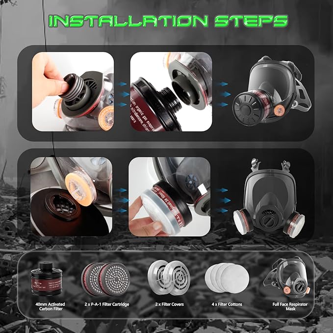 HANUU Gas Masks Survival Nuclear and Chemical, Gas Mask with 40mm Activated Carbon Filter and P-A-1 Filters, Tactical Full Face Respirator Mask for Gases Vapor Chemicals Spray Paint Resin Dust