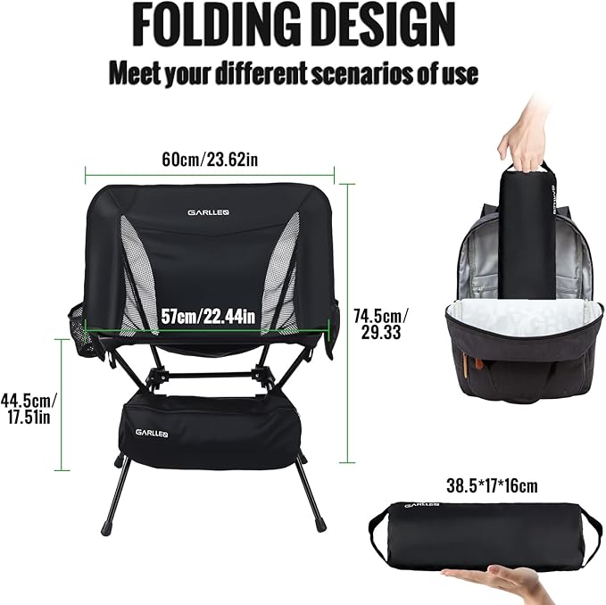 GARLLEN Portable Camping Chair 400LBS Capacity, Folding Backpacking Chair with Both Side Pockets, Folding Travel Chair with Carrying Bag & Anti-Slip Feet for Camping, Hiking, Picnic, Beach