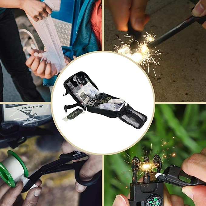 Survival Kit - Tactical Emergency Gear with Fire Starter, Paracord Bracelet Compass, Survival Blanket, Knife, Flashlight, Whistle, Glow Sticks & Saber Card - Compact 1000D Nylon Bag (Blank)