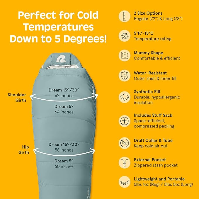 Retrospec Dream Mummy Sleeping Bag - 5, 15, & 30°F Cold Weather Camping & Travel Essential Gear with Water - Resistant Shell & Synthetic Fill - Zippered Pocket & Stuff Sack