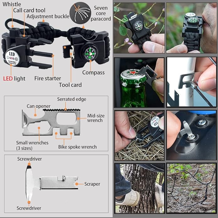 Survival Paracord Bracelet,Fire Starter,Waterproof SOS Light, Compass, Whistle, Adjustable AK87 20 in 1,Outdoor Ultimate Tactical Survival Gear Set,Gift for Kids,Men