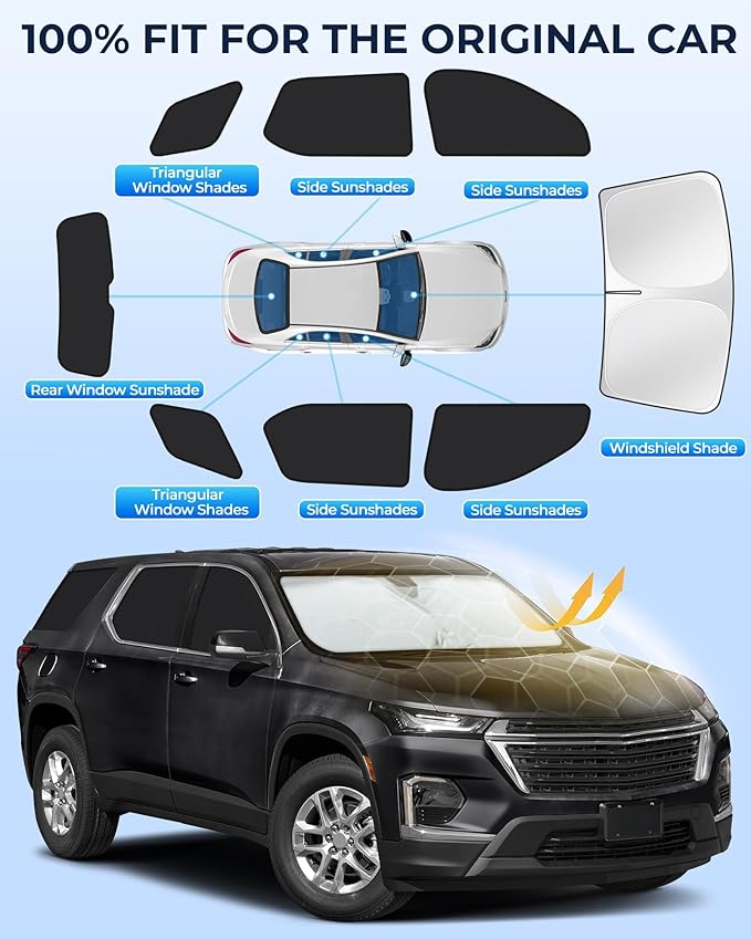 for Chevrolet Traverse 2018-2023 Car Window Shades, 8pcs Privacy Sun Shade Set for Front Windshield Side and Rear Windows, Full Window Covers Keeps Vehicle Cool for Camping Napping
