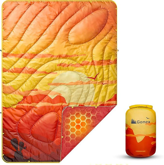 Gonex Camping Blanket with Aero-Warmth Breathable Layer - Puffy Printed Packable Blanket, Ultralight Wearable Water-Resistant Quilt, 79" X 55" for Camping, Beach, Hiking, Travel, Picnics(Desert)
