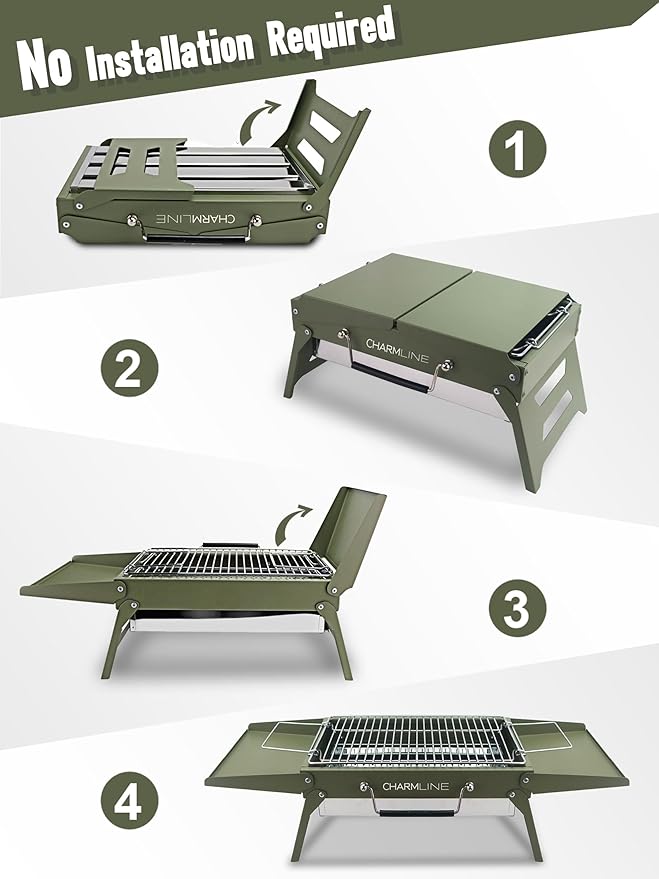 Charmline 14 x 9 inches Portable Charcoal BBQ Grill, Foldable Compact Camping Barbecue for 1–3 People, Ideal for Garden, Beach, Picnic & Tabletop Use, Green