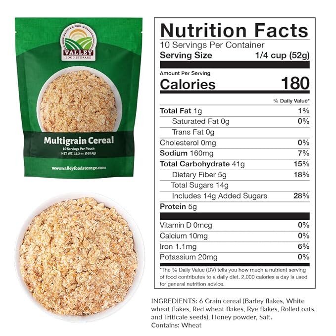 Valley Food Storage Multigrain Dried Cereal | 10-Bag Bucket, 100 Servings | Premium Emergency Food Supply, 25 Year Shelf Life | Survival Breakfast Food for Camping, Prepper Storage & Off-Grid Living