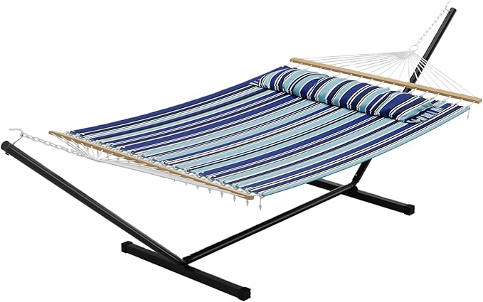 Double Hammock with Stand for 2 Person, Outdoor Freestanding Hammock Bed with 475lb Capacity - Heavy Duty Steel Frame, Quilted Pillow & Portable Carry Bag, Easy Assembly, Blue