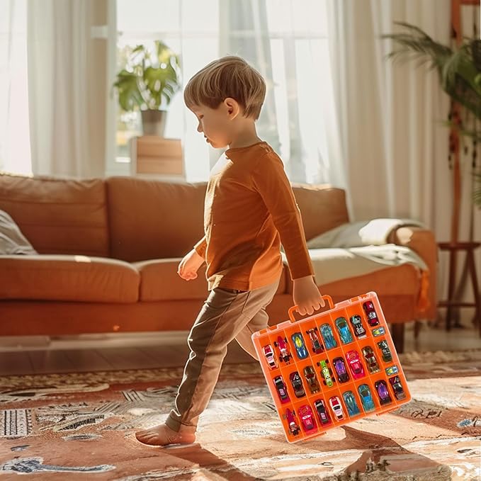 Toy Car Storage Organizer Case Compatible with Hot Wheels/for Matchbox Cars. Display Carrying Container Holder for LOL Surprise Dolls/for Shopkins with 48 Compartments Double Sided-Orange (Box Only)