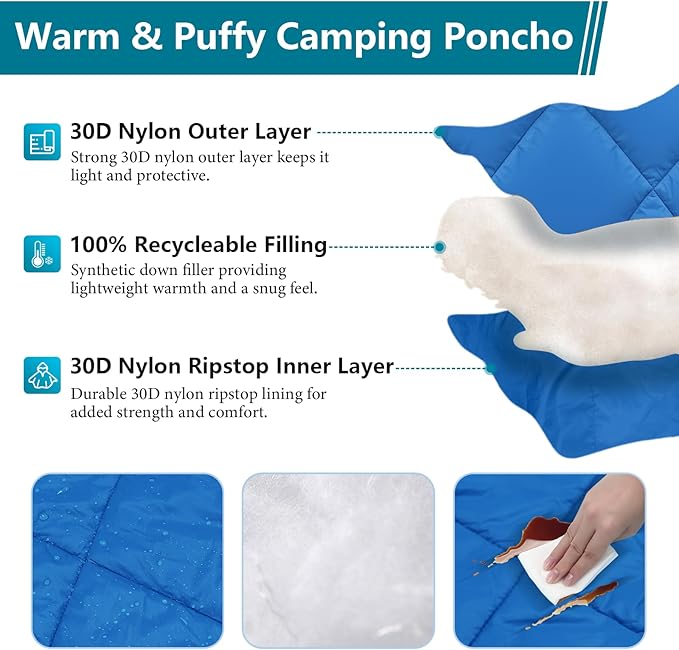 Camping Outdoor Blanket, Ultralight Down Alternative Printed Travel Camp Blankets for Sleeping Packable Waterproof Puffy Quilt for Hammock Picnic Stadium Beach Cold Weather (Blue Blanket Poncho)