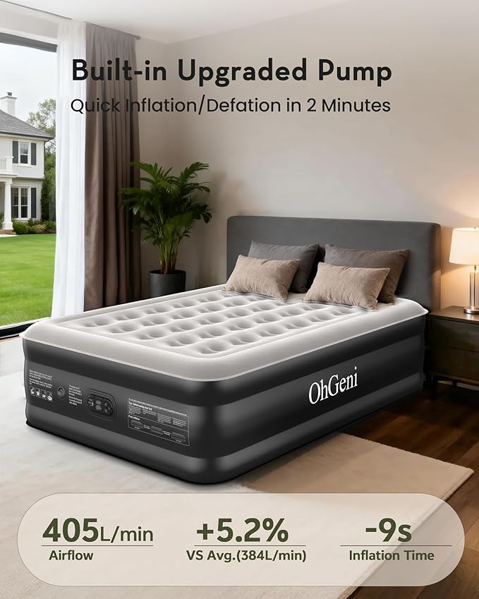OhGeni 20" Queen Air Mattress (1-Pack) with Built in Pump, Inflatable Blow Up Bed, Upgraded Air Column Support for Enhanced Stability, Raised Height for Easy Entry & Exit, 650 lbs Capacity