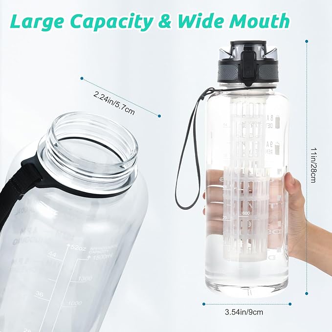 UTEBIT 52 OZ Fruit Infuser Water Bottle, Half Gallon Insulated Sports Water Bottle With Straw, 1.5L BPA Free Leak Proof Tritan Large Water Jug with Strap for Gym, Camping, Travel, Outdoor