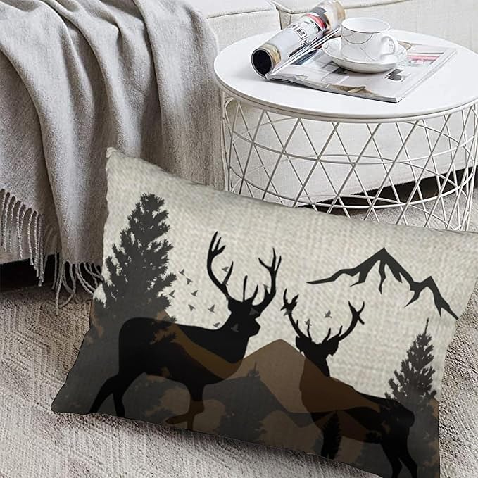 ITFRO Hand-Painted Oil Painting Rustic Forest Wildlife Deer Pine Tree Waist Lumbar Cotton Linen Throw Pillow Case Cushion Cover Long Oblong 12x20 inches (Brown)