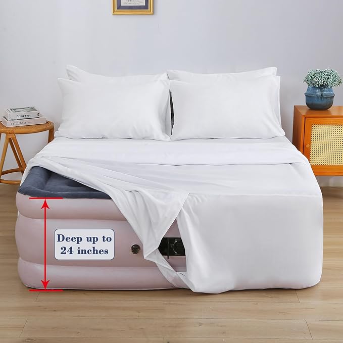 Air Mattress Sheet Set for 16-24 Inch Air Beds Full Size,Deep Pocket Fitted Sheet with Inflation Opening,Soft & Breathable, for Guests, Camping, RVs, Includes Pillowcase Flat Sheet Fitted Sheet,White
