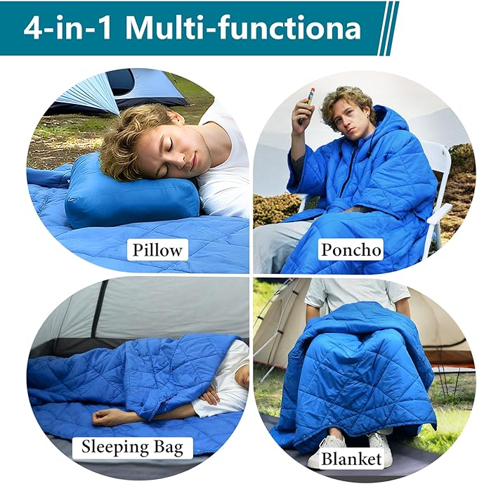 Camping Outdoor Blanket, Ultralight Down Alternative Printed Travel Camp Blankets for Sleeping Packable Waterproof Puffy Quilt for Hammock Picnic Stadium Beach Cold Weather (Blue Blanket Poncho)