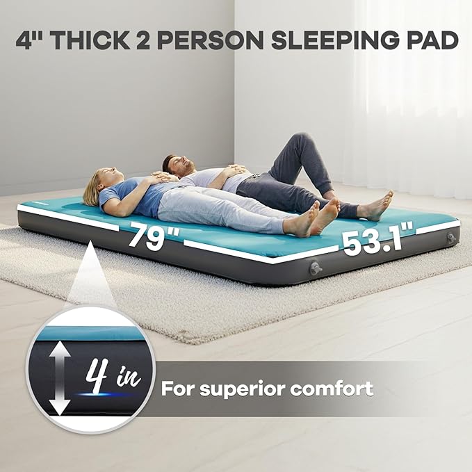 FUNDANGO 4'' Thick Self Inflating Sleeping Pad with Foam, 8.7 R Value, XL Double Mattress, Outdoor Portable Camping Air Mat for Tent, Car or Home