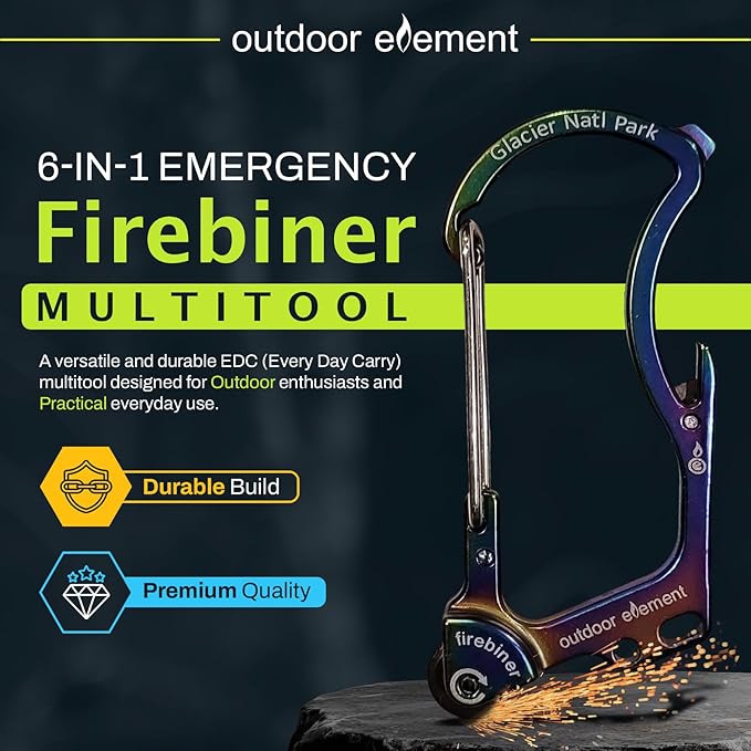 OUTDOOR ELEMENT Firebiner Custom Engraved 6-in-1 Fire Starter Carabiner Multitool – Survival Gear EDC Keychain with Utility Blade, Bottle Opener, Screwdriver, Emergency Tool