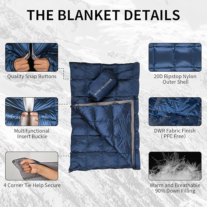 Down Camping Blanket - Lightweight, Packable, Warm & Puffy Outdoor Travel Quilt for Sleep, Hiking, Backpacking, Stadium, Festivals, Water-Resistant Sleeping Bag 55"x79"