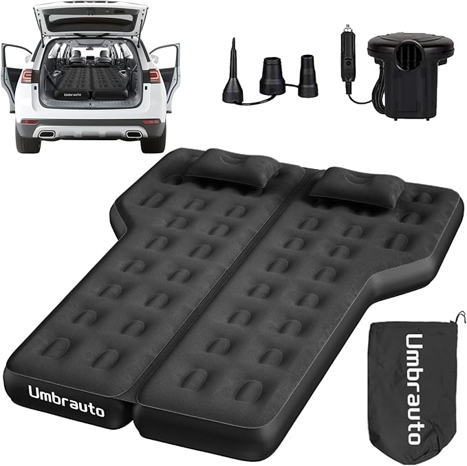 Umbrauto SUV Air Mattress w/Quick-Inflate Car Pump, Durable 2-Chamber Inflatable Van Sleeping Bed for Camping & Travel, Leakproof PVC, Flocked Top