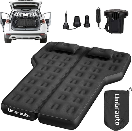 Umbrauto SUV Air Mattress w/Quick-Inflate Car Pump, Durable 2-Chamber Inflatable Van Sleeping Bed for Camping & Travel, Leakproof PVC, Flocked Top