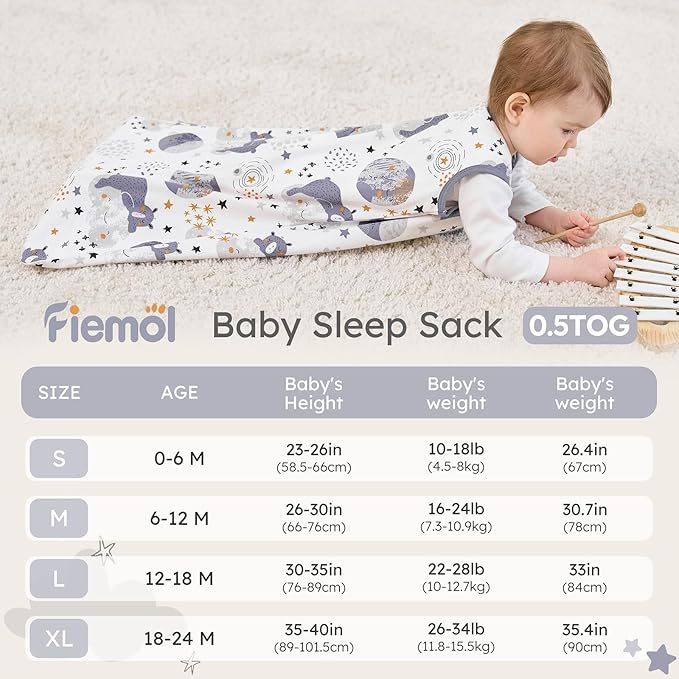 Baby Sleep Sack 0-6 months, 100% Cotton Sleeping Sack for Newborn and Infant, 3 Pack Baby Wearable Blanket for Boy and Girl, 0.5 Tog Lightweight Double Zipper Sleep Bag Grey Moon Bear