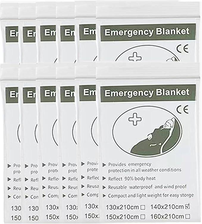 Guo's hyekbe First Aid Mylar Rescue Blanket，Emergency Blankets for Survival Gear and Equipment，Designed for Outdoor, Body Warmer Blanket,Space, Camping Gear, Hiking Travel(Silver, 12 Pack)