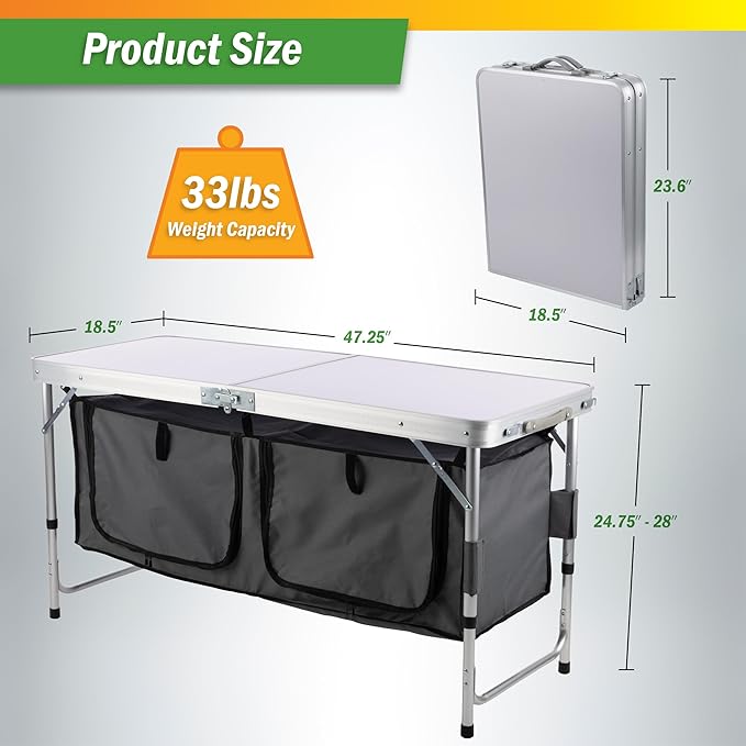 Folding Camping Table with Storage - Lightweight and Portable Aluminum Camp Table with Adjustable Height for Outdoor Travel, Beach, BBQ, Party, Picnic, and Glamping by Wakeman Outdoors