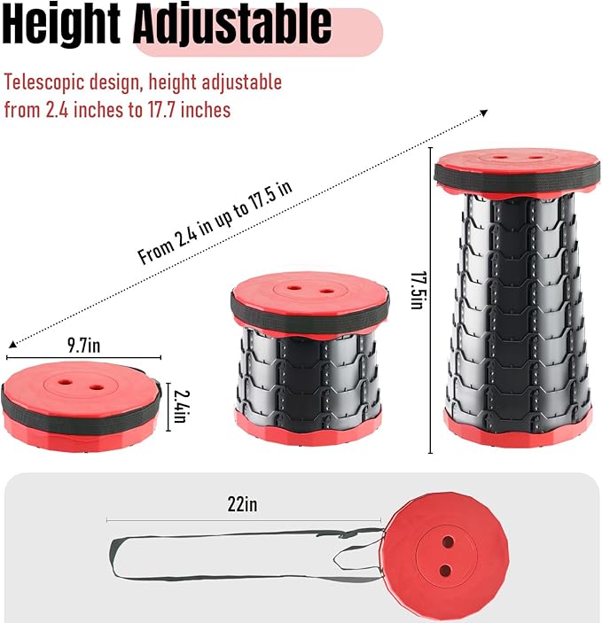 Doseno Upgraded Foldable Stool Thickened, Portable Collapsible Stool Retractable Stool for Fishing, Hiking Tours, BBQ, Parties, Outdoor Activities (Red, 2pack)