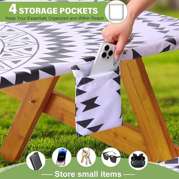 Fitted Picnic Table Cover with Bench Covers Vinyl Waterproof Elastic Edges Fitted Rectangle Tables Patio Tablecloth Camping Gear and Essentials Rv Accessories Road Trip Supplies Car Travel Must Haves