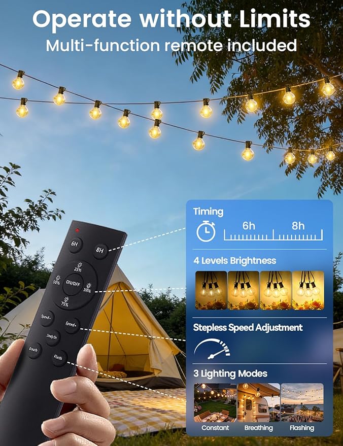 Brightever 120FT Solar String Lights Outdoor with Remote, Waterproof Dimmable 3 Modes Outdoor Lights with 50+2 LED Shatterproof G40 Bulbs, Solar Power Patio Lights for Outside Wedding Party Decor