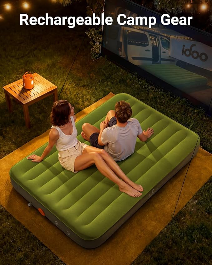iDOO Queen Air Mattress with Rechargeable Cordless Pump, Inflatable Blow up Mattress in Fast Inflation, No Outlet Needed for Outdoor, Camping & Guests, LED Light and USB Charging, Portable Air Bed